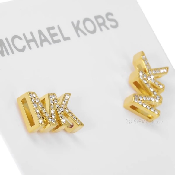 MICHAEL KORS Womens MK Logo Stud Earrings Pave Crystals Gold Tone Glitz - Picture 3 of 6